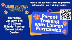 flyer for for our PASE meeting, "Parent Training" with Lauren Fernandez